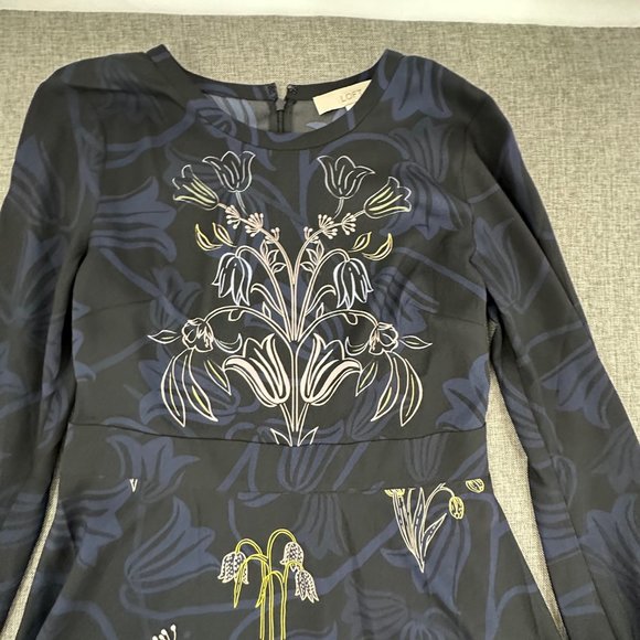 Ann Taylor LOFT Floral Dress Long Sleeve Blue Black Sz 4 Business‎ Work Event - Picture 5 of 15